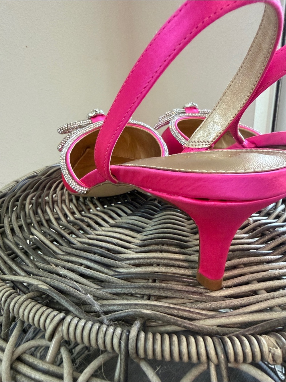 Lilly Pulitzer Hot Pink Satin Slingback Heels with Crystal Bow - Picture 7 of 12